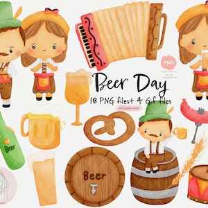 Biertag und Oktoberfest Clipart.international Beer Day Zeichentrickfigur und Instrument Spaß Grafik.