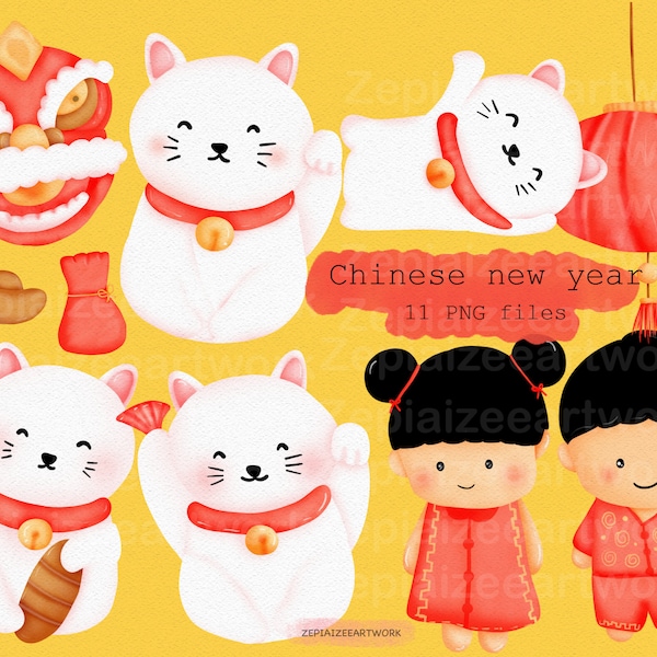 Chinese new year elements clipart,maneki neko cat,lion dance,wealthy chinese culture,boy and girl chinese uniform,angpao clipart watercolor