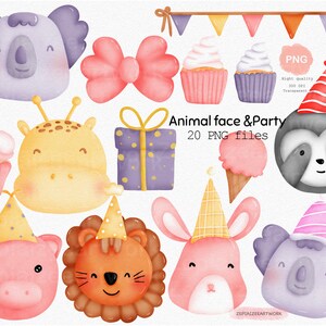 Animal face and party hat watercolor clipart,bunny,giraffe,koala,sloth,lion,pig,cupcake,flag banner,gift,ice cream,cute elements pastel