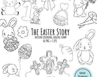 Rabbit Easter Day Coloring Page and Digital Stamp, Easter Bunny Illustration, Printable Easter Art for Kids.
