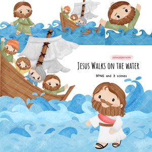 May include: A digital illustration of Jesus walking on water. He is wearing a white robe with a red sash and has a brown beard and hair. The water is blue and there are waves. There are also people in a boat in the background.