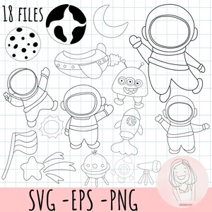 May include: A set of 18 black and white line art illustrations of space-themed objects, including astronauts, rockets, planets, stars, and a UFO. The text "SVG - EPS - PNG" is at the bottom of the image.