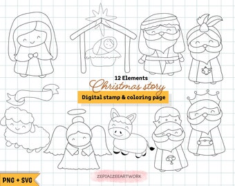 May include: Black and white line art illustrations of the Christmas story.  The illustrations include a manger with baby Jesus, Mary, Joseph, three wise men, a donkey, a sheep, an angel, and a banner.  The text "12 Elements Christmas story Digital stamp & coloring page" is included in the image.