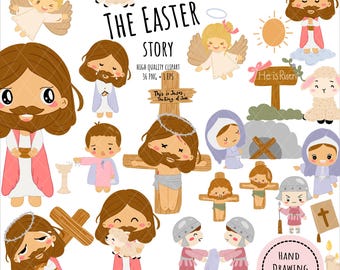 Easter Story Clipart with Jesus.Christian Easter Digital Art.Religious Printable Illustrations for Kids & Adults.
