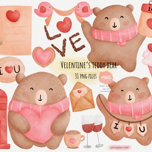 Teddybeer op Valentijnsdag set.aquarelontwerp voor elementen van de minnaar en het stel.