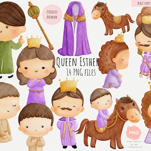 Queen Esther in bible story watercolor clipart.Jew cartoon for bible class and kids class.christian Old Testament clipart.