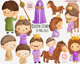 La reina Ester en la historia bíblica, clipart de acuarela