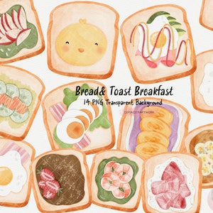 Bröd frukost akvarell clipart. Räkor banan ägg gurka jordgubb är toppen av rostat bröd. Frukostmeny design.