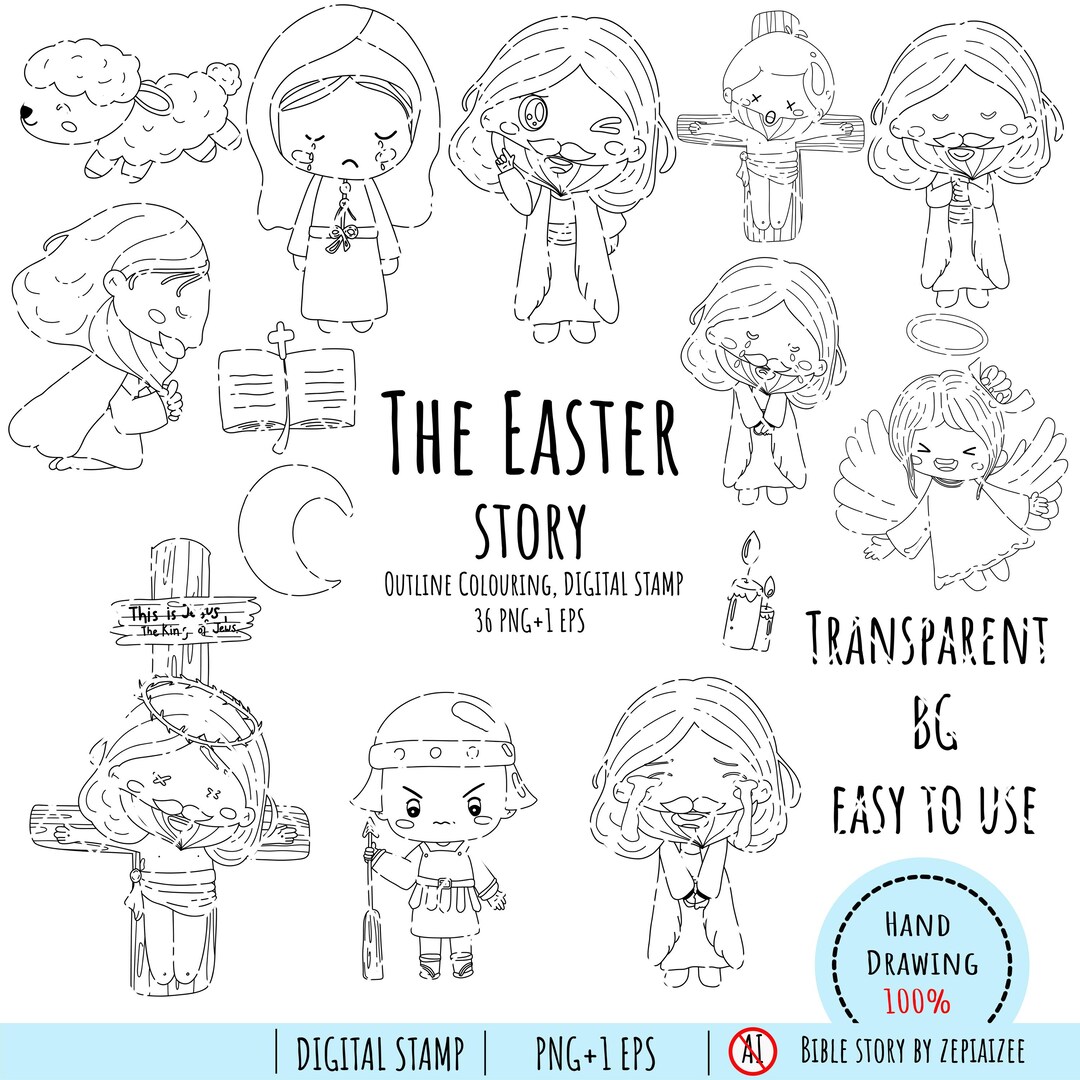Jesus Easter Story Outline Coloring Digital Stamp - Christian Religious ...