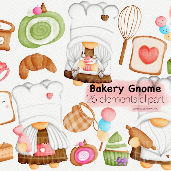 Bakery and little chef gnome clipart,cupcake watercolor clipart,watercolor pastry,cake roll,bread,croisan,sweet things elements