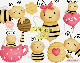 May include: A set of 10 watercolor bee illustrations in PNG format. The bees are yellow and black with cute faces and wings. Some bees are holding honeycombs, hearts, and a balloon that says "Love".