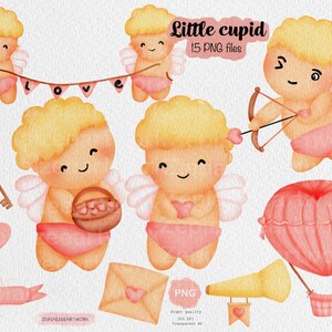 Cupid love sign for Valentine&#39;s Day watercolor clipart, cute valentines elements