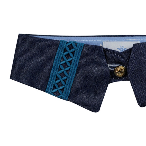 Col chemise amovible Daphné en coton jean et dentelle bleu canard / Fait-main en France