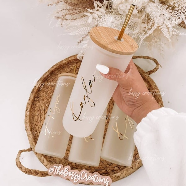 Personalized Tumbler for Bridesmaid Bachelorette Gifts Boho Wedding Gifts 25oz Glass Tumbler | Glass Tumbler w/ Bamboo lid and Straw