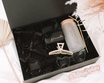 Black Satin Robe Bridesmaid Proposal Gift Box Personalized Boho Wedding Party Favor Will You Be My Bridesmaid Glass Tumbler Goth Jewelry Box