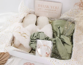 Sage Green Fluffy Slippers Bridesmaid Proposal Gift Box Bachelorette Bridal Shower Party Boho Wedding Gift Mimosa Glass Satin Robe Thank You