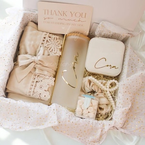 LUXE Taupe Beige Hair & Drinks Up Bridesmaid Proposal Gift Box Bachelorette Bridal Party Boho Wedding Gift Jewelry Glass Tumbler Thank you