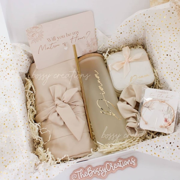 Taupe Beige Hair & Drinks Up Bridesmaid Proposal Gift Box Bachelorette Bridal Party Boho Wedding Gift Jewelry Box Glass Tumbler Thank you