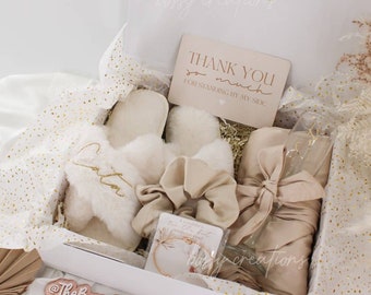 Neutral Fluffy Slippers Bridesmaid Proposal Gift Box Bachelorette Bridal Shower Party Boho Wedding Gift Mimosa Glass Satin Robe Thank You