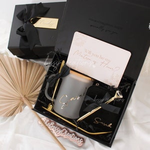 Zwarte bruidsmeisje voorstel geschenkdoos gepersonaliseerde Boho bruiloft partij gunst zult u mijn bruidsmeisje glazen mok fluwelen sieraden doos zwart & goud