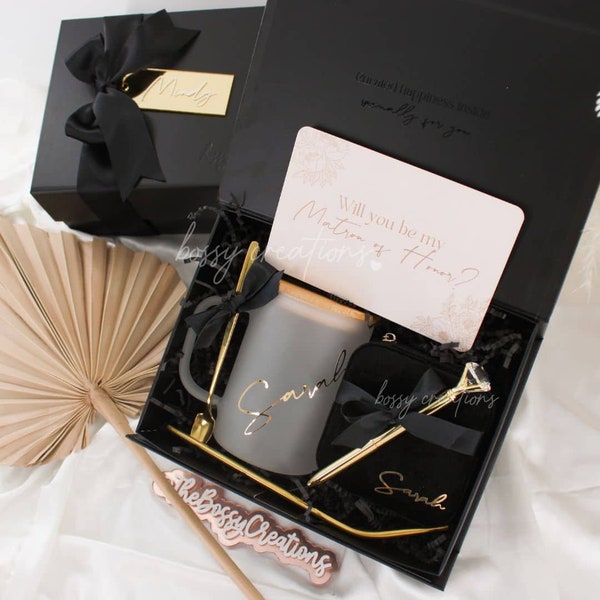 Black Bridesmaid Proposal Gift Box Personalized Boho Wedding Party Favor Will You Be My Bridesmaid Glass Mug Velvet Jewelry Box Black & Gold