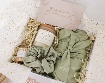 Satin & Self Care SAGE GREEN Bridesmaid Proposal Gift Box Bachelorette Bridal Party Boho Wedding Thank You Luxury Scented Candle Satin Robe