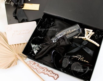Black Satin Robe Bridesmaid Proposal Gift Box Personalized Boho Wedding Party Favor Will You Be My Bridesmaid Champagne Glass Jewelry Box
