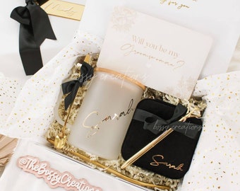 Black Bridesmaid Proposal Gift Box Personalized Boho Wedding Party Favor Will You Be My Bridesmaid Glass Mug Velvet Jewelry Box Black & Gold