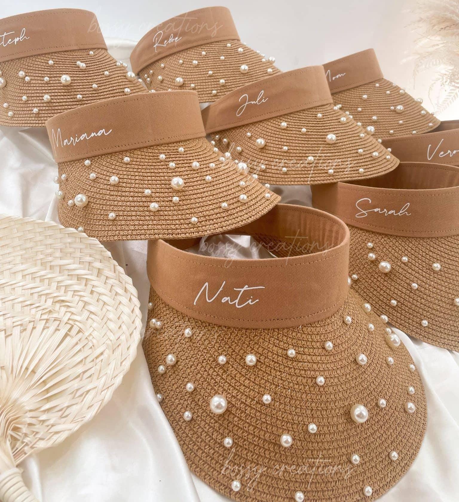 Pearl Embellished Bride Visor Hat for Bachelorette Party Wedding Beach Accessory Pearl Trim Bride Sun Visor -beaded Bridal Visor  main image 3