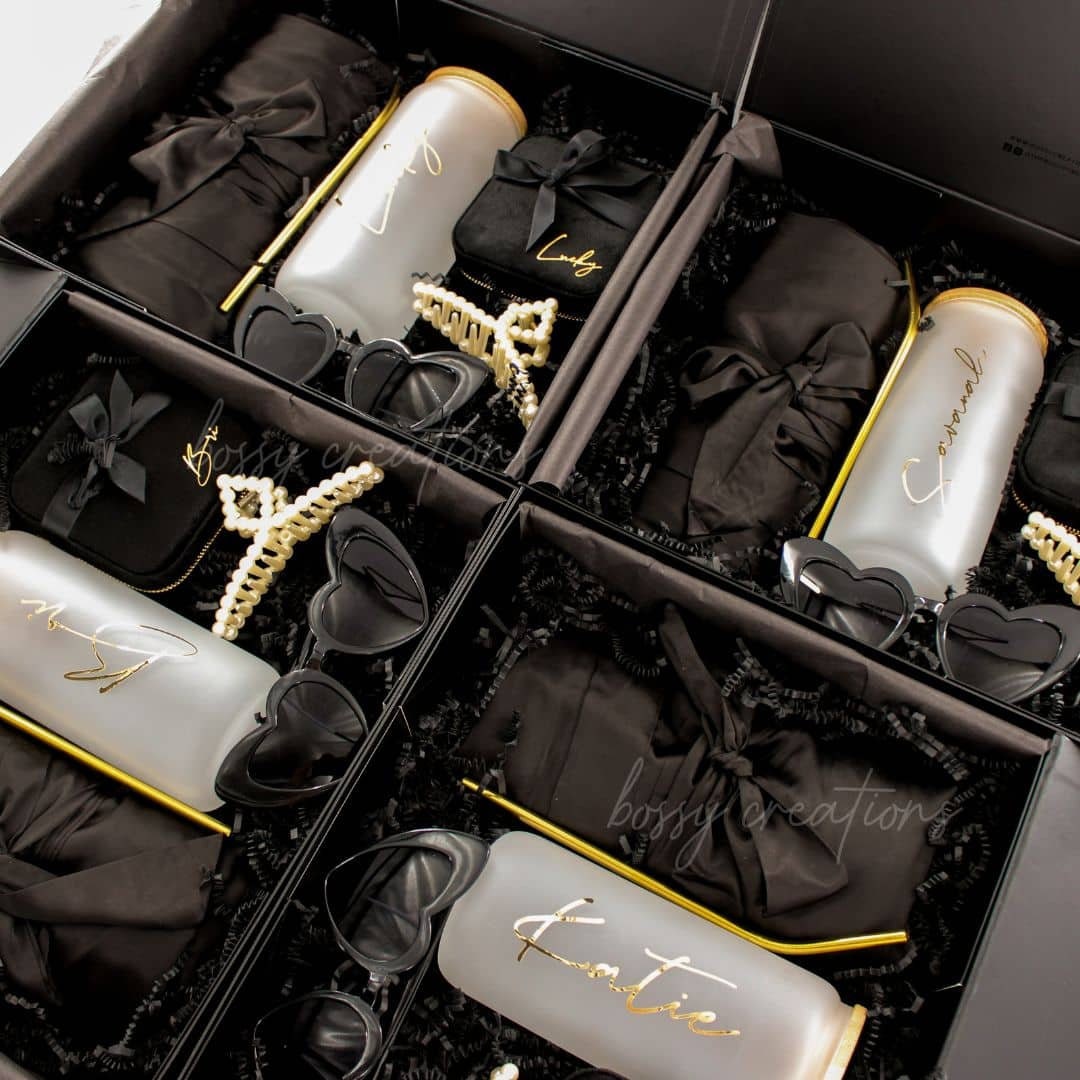 Black Satin Robe Bridesmaid Proposal Gift Box Personalized Boho Wedding Party Favor Will You Be My Bridesmaid Glass Tumbler Goth Jewelry Box