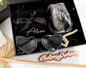Black Bridesmaid Proposal Gift Box Personalized Boho Wedding Party Favor Will You Be My Bridesmaid Wine Glass Jewelry Box Black and Gold