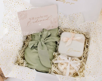 Sage Green Bridesmaid Proposal Gift Box Personalized Boho Wedding Party Favor Will You Be My Bridesmaid Satin Robe Jewelry Box Self Care