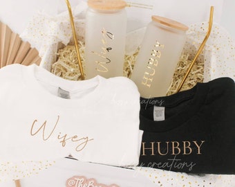Hubby & Wifey Engagement Gift Box Wedding Gifts For Couple Husband and Wife Just Married Gifts Glass Mug Set Minimal Modern Matching Shirts