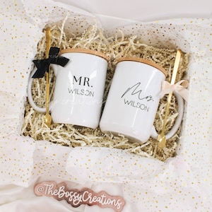Mr and Mrs Mugs Last Name Personalized, Gifts For Bride & Groom, Engagement Gifts, Wedding Mugs, Minimal Mugs, Mr and Mrs Custom Gift Box