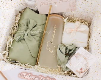 Sage Green Hair & Drinks Up Bridesmaid Proposal Gift Box Bachelorette Bridal Party Boho Wedding Gift Jewelry Box Glass Tumbler Thank you