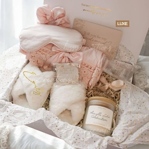 Blush Pink Fluffy Slippers Bridesmaid Proposal Gift Box Bachelorette Bridal Shower Party Boho Wedding Gift Martini Glass Cute Robe Thank You