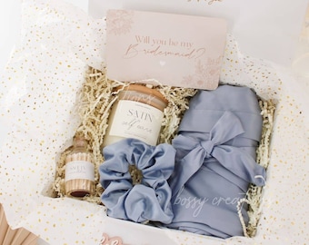 Satin & Self Care DUSTY BLUE Bridesmaid Proposal Gift Box Bachelorette Bridal Party Boho Wedding Thank You Luxury Scented Candle Satin Robe