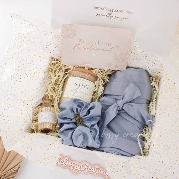 Satin & Self Care DUSTY BLUE Bridesmaid Proposal Gift Box Bachelorette  Bridal Party Boho Wedding Thank You Luxury Scented Candle Satin Robe 