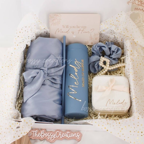 Hair Up, Drinks up Bridesmaid Proposal Gift Box Dusty Blue Bachelorette  Bridal Party Boho Wedding Gift Jewelry Box Tumbler Thank You Gift 