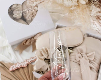 Neutral Corazon Bridesmaid Proposal Gift Box Modern Boho Chic Bridal Party Wedding Gift Custom Mimosa Glass Robe Satin Scrunchie Eye Mask