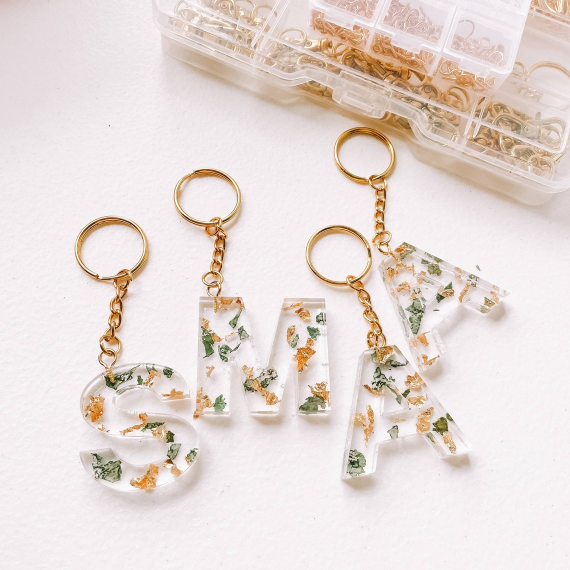 Sage Green & Gold Keychains Letters Aesthetic Personalized image 1