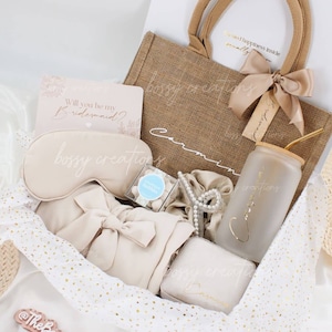 Taupe Beige Premium Bridesmaid Proposal Box Bachelorette Bridal Party Tote Bags MOH Gift Box Boho Chic Wedding Robe Custom Glass Tumblers