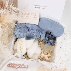 Dusty Blue Fluffy Slippers Bridesmaid Proposal Gift Box Bachelorette Bridal Shower Party Boho Wedding Gift Martini Glass Cute Robe Thank You