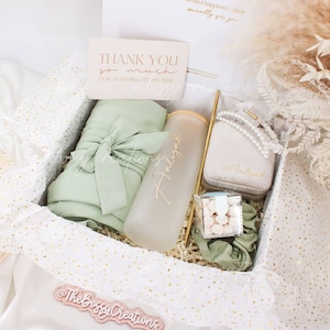 LUXE Sage Green Hair & Drinks Up Bridesmaid Proposal Gift Box Bachelorette Bridal Party Boho Wedding Gift Jewelry Glass Tumbler Thank you