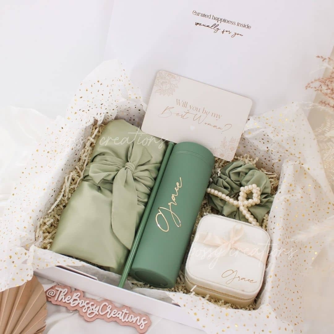 BOX ONLY Sage Green & Gold Personalized Empty Gift Box With Ribbon  Bridesmaid Proposal Corporate Birthday Wedding Gifts Build Your Own Box 