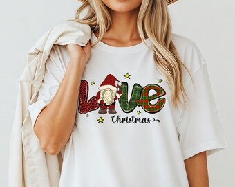 Chemise gnome de Noël d'amour, t-shirt des fêtes à carreaux, sweat-shirt, sweat à capuche - t-shirt de Noël couleurs confortables