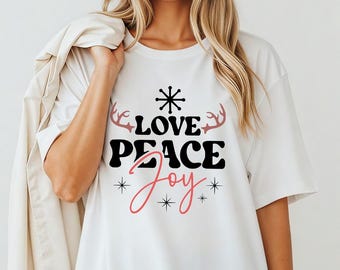 Love Peace Joy Shirt - Minimalist Reindeer Antler Christmas Tshirt Sweatshirt Hoodie Festive Holiday Gift