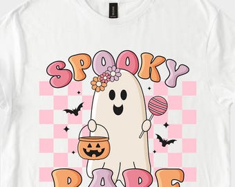 Spooky Babe Shirt Hoodie Or Sweatshirt, Cute Ghost With Candy Halloween Tee, Pink Pastel Checkered Fall Aesthetic Graphic Top