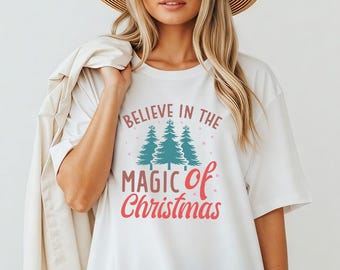 Believe In The Magic Of Christmas Shirt Sweatshirt Hoodie | Whimsical Tree Pink Stars Holiday Tee