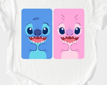 Stitch and Angel Matching Shirt Hoodie Sweatshirt – Disney Couple Tee with Blue and Pink Cartoon Love